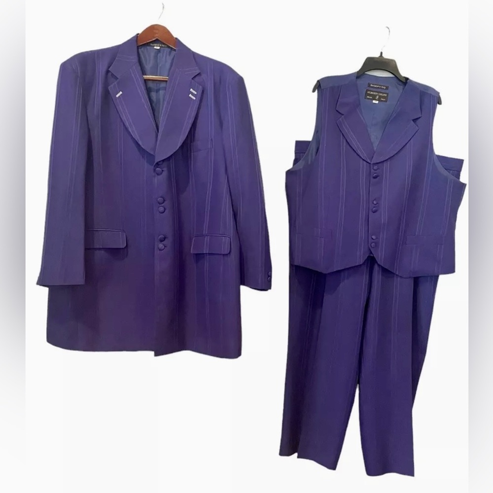 Alberto Celini 3 Piece Purple Suit Men Size 50R Jacket, Pants 45R, Vest 50R READ